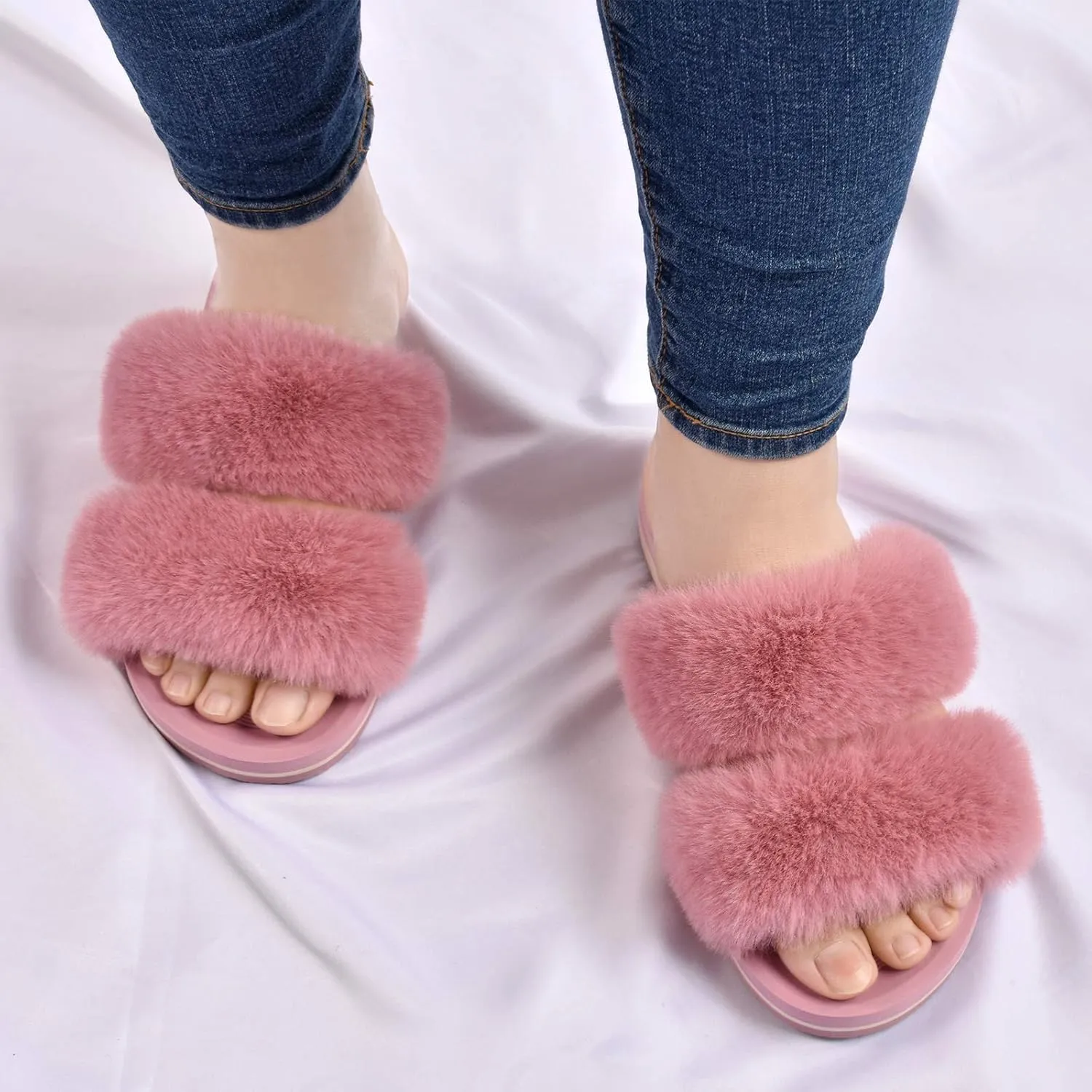COFACE Fluff Womens Slippers Faux Fur Slip On Orthotic Slippers with Arch Support for Plantar Fasciitis Relief