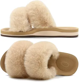 COFACE Fluff Womens Slippers Faux Fur Slip On Orthotic Slippers with Arch Support for Plantar Fasciitis Relief