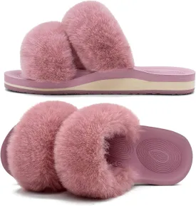 COFACE Fluff Womens Slippers Faux Fur Slip On Orthotic Slippers with Arch Support for Plantar Fasciitis Relief