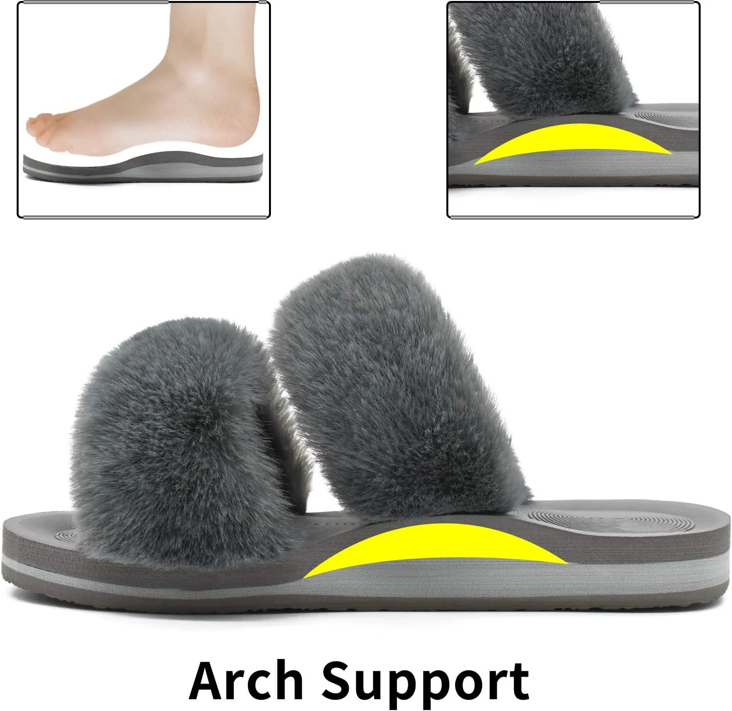 COFACE Fluff Womens Slippers Faux Fur Slip On Orthotic Slippers with Arch Support for Plantar Fasciitis Relief