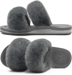 COFACE Fluff Womens Slippers Faux Fur Slip On Orthotic Slippers with Arch Support for Plantar Fasciitis Relief