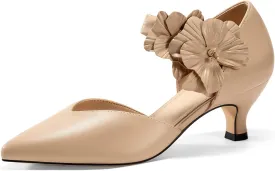 Coutgo Womens Low Kitten Heels Dressy Shoes Comfortable Closed Toe Flower Slip on Formal Party Dance Heeled Pumps