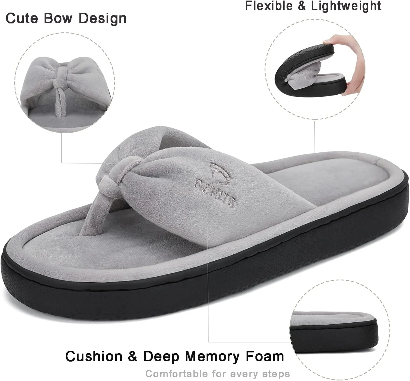 Dannto Women's House Slippers Memory Foam Flip Flops Thong Indoor Shoes Open Toe