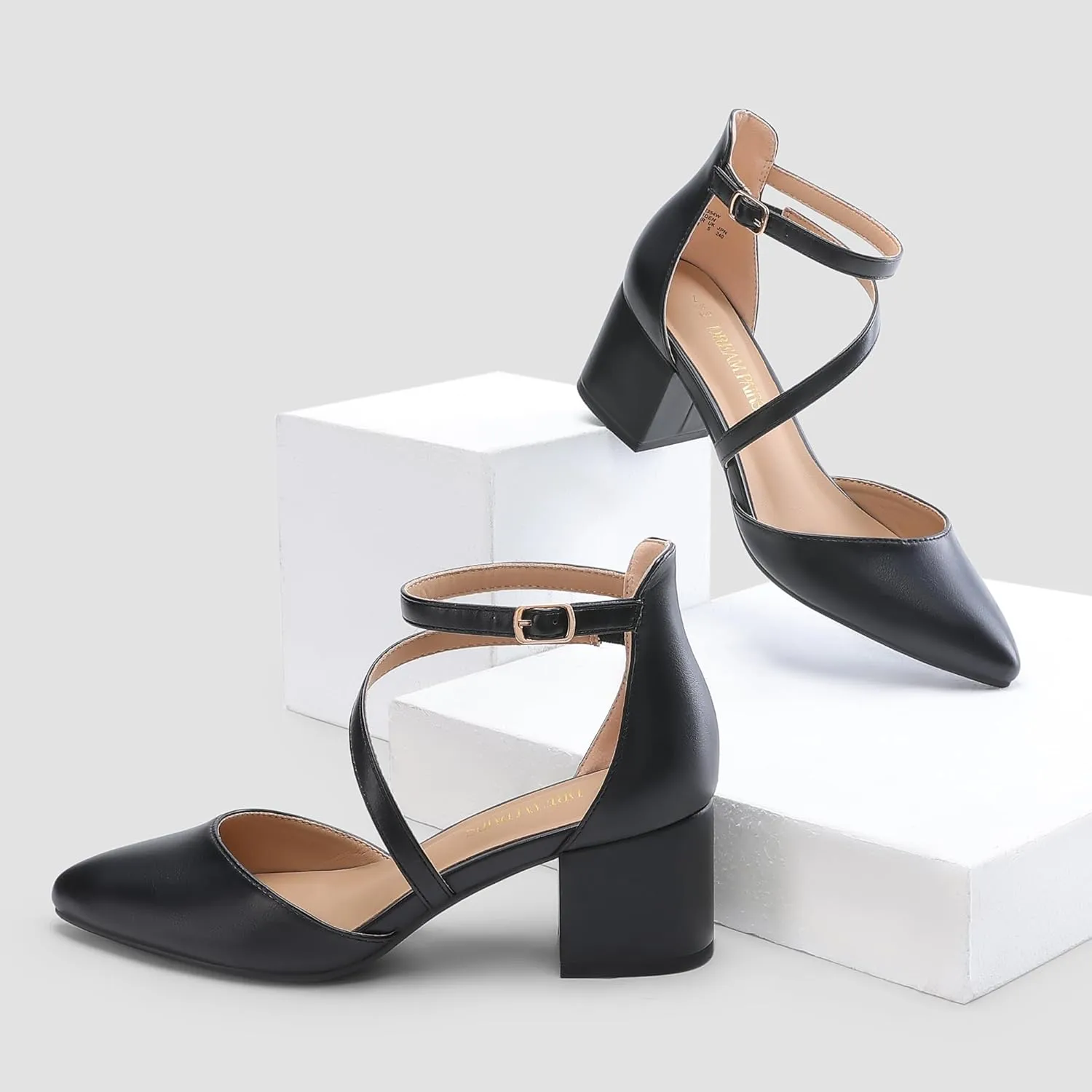DREAM PAIRS Women's Closed Pointed Toe Low Chunky Heels Pumps Ankle Strap Wedding Business Dressy Shoes