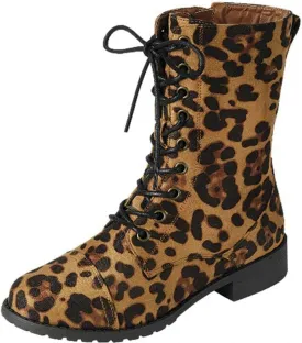 Forever Link Womens Round Toe Military Lace up Knit Ankle Cuff Low Heel Combat Boots
