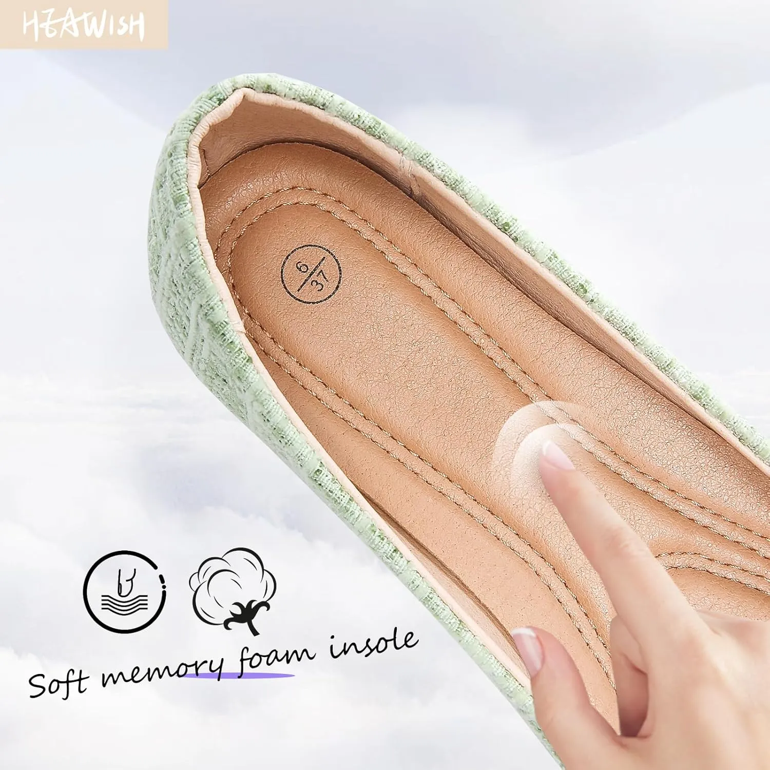 HEAWISH Womens Round Toe Flats Shoes Ballet Flats Dressy Comfortable White Green Flats for Women
