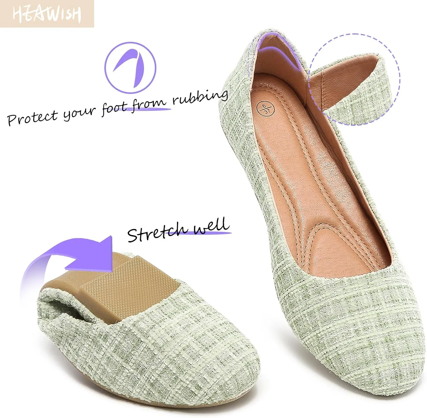 HEAWISH Womens Round Toe Flats Shoes Ballet Flats Dressy Comfortable White Green Flats for Women