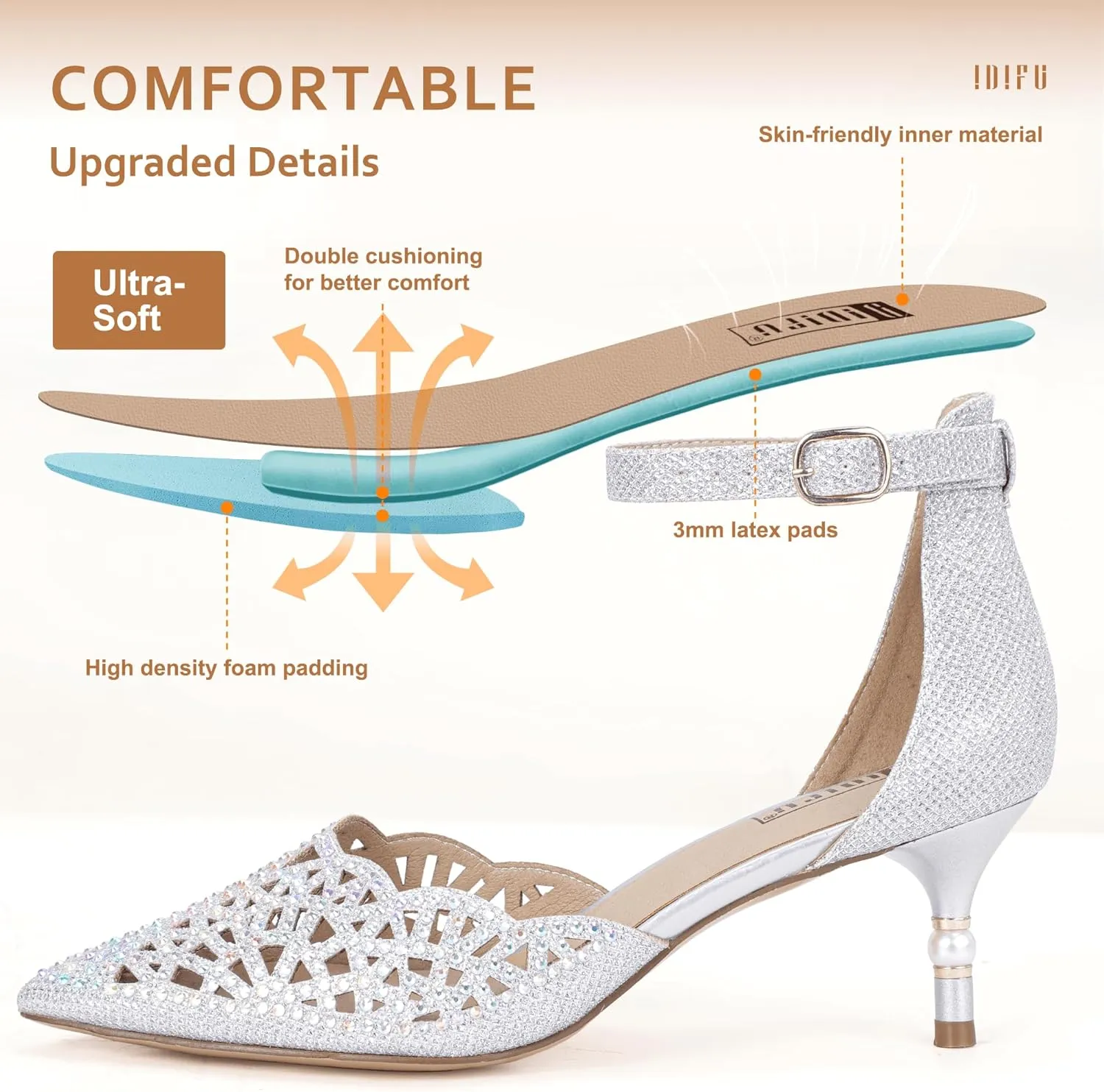 IDIFU Women's IN2 Candice Wedding Rhinestones Sequins Low Kitten Heels Pumps Dress Evening Shoes for Women Bridal Bride