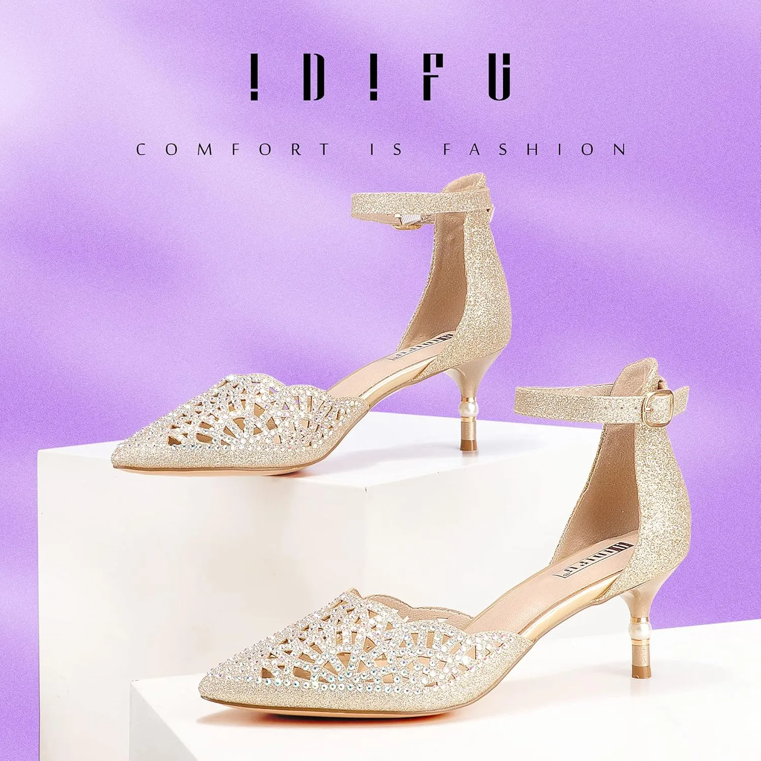 IDIFU Women's IN2 Candice Wedding Rhinestones Sequins Low Kitten Heels Pumps Dress Evening Shoes for Women Bridal Bride