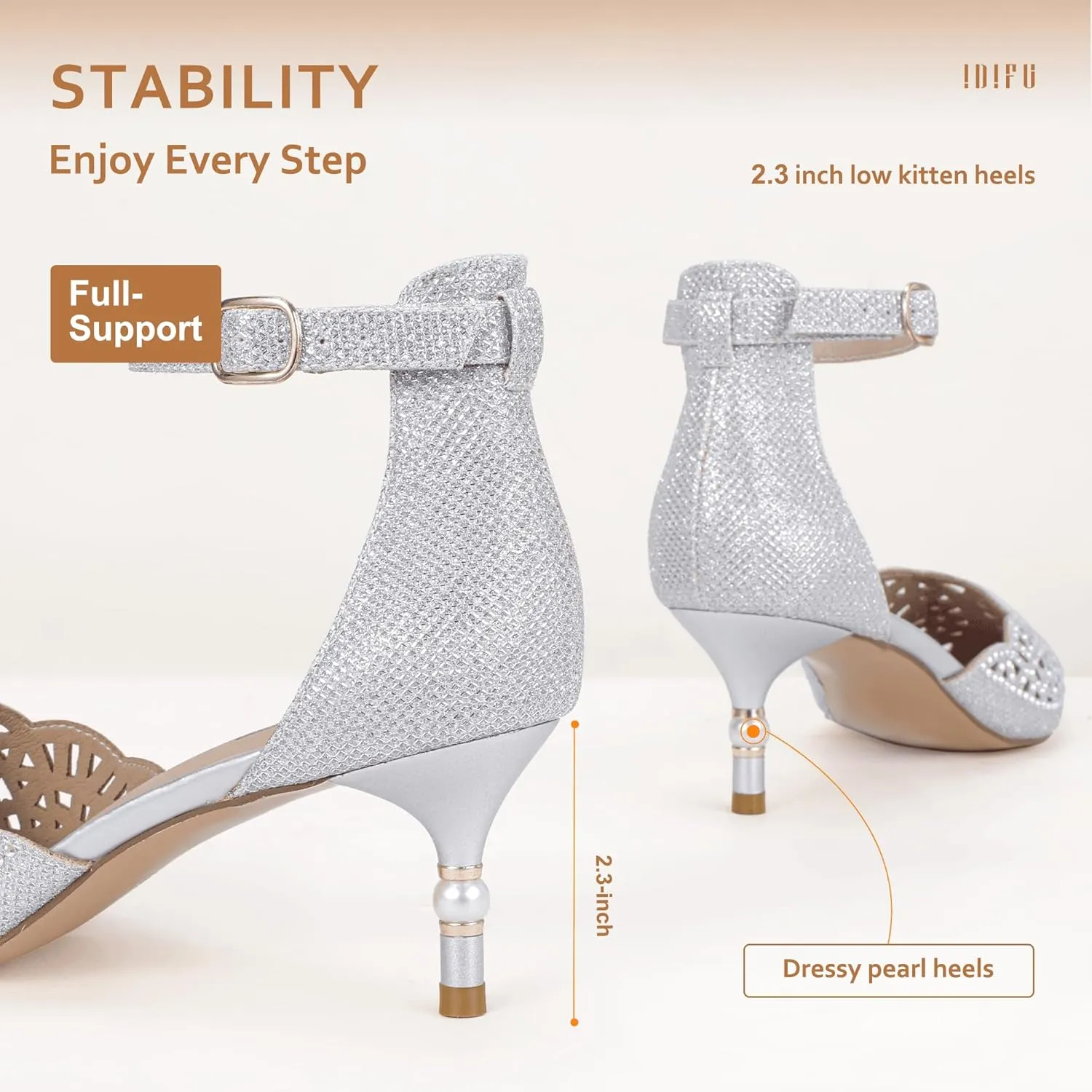 IDIFU Women's IN2 Candice Wedding Rhinestones Sequins Low Kitten Heels Pumps Dress Evening Shoes for Women Bridal Bride