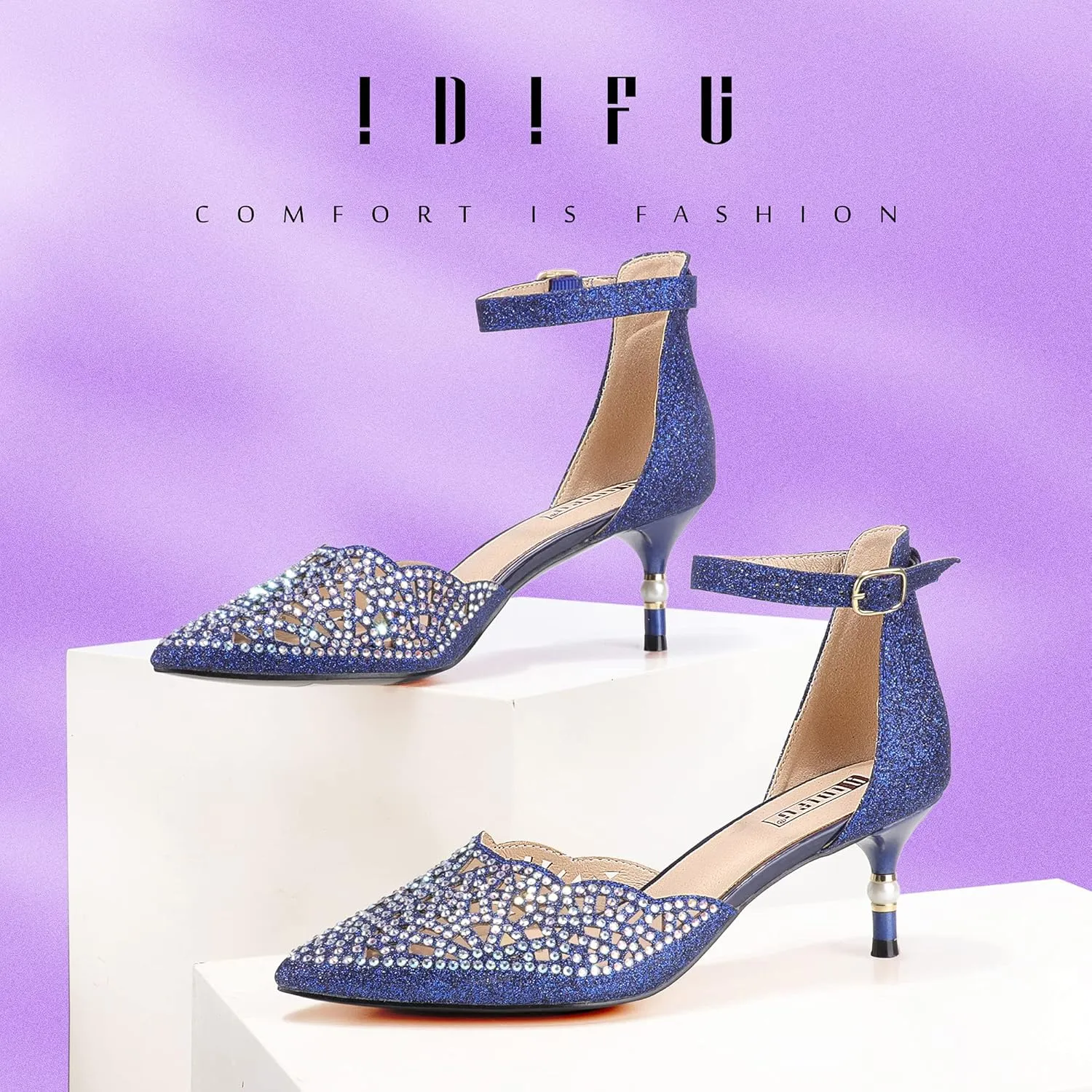 IDIFU Women's IN2 Candice Wedding Rhinestones Sequins Low Kitten Heels Pumps Dress Evening Shoes for Women Bridal Bride