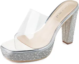 LALA IKAI Women's Black 4 Inches Rhinestone Platform Chunky Heels Sandals