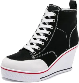 Mei MACLEOD High Heel Sneakers for Women Wedge Heel Sneaker with Side Zipper Casual Lace Up Canvas Shoes for College Students