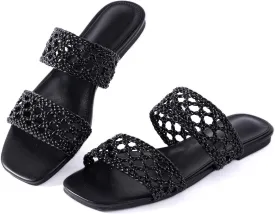 Mtzyoa Women's Sandals Casual Braided Dressy Summer Square Toe Quilted Flat Sandals