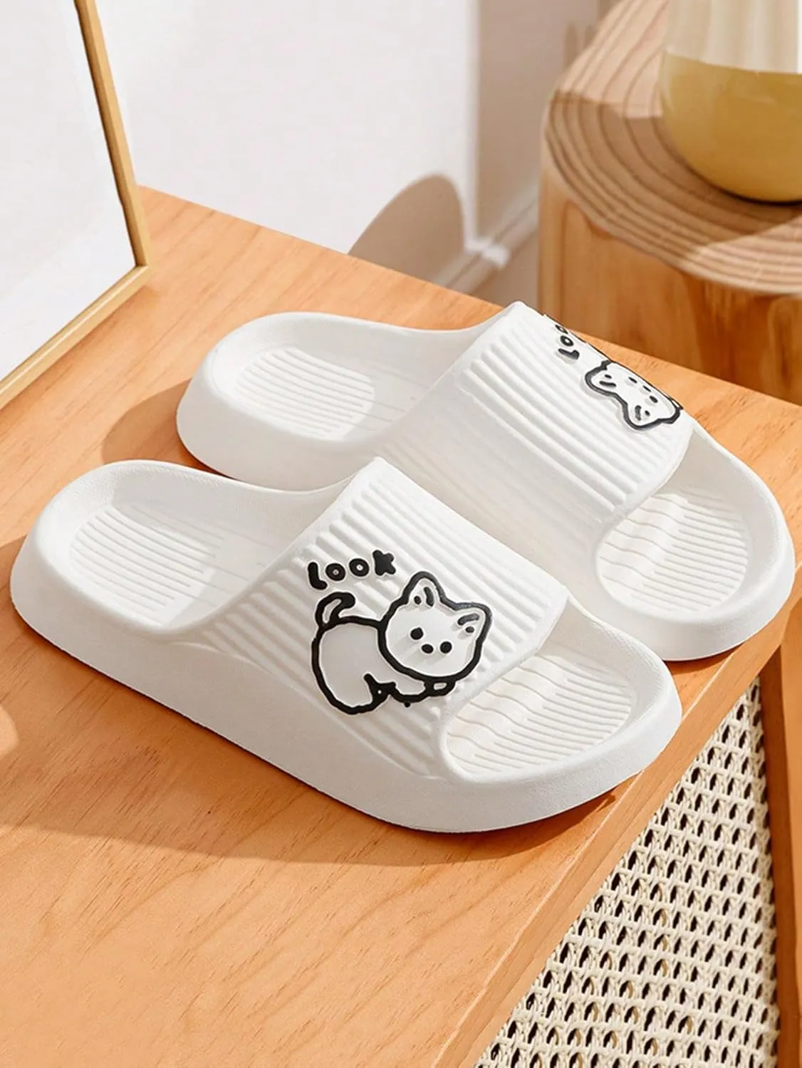 OYOANGLE Women's Open Toe Slippers Non Slip Indoor Bathroom Shower Cartoon Print Slides