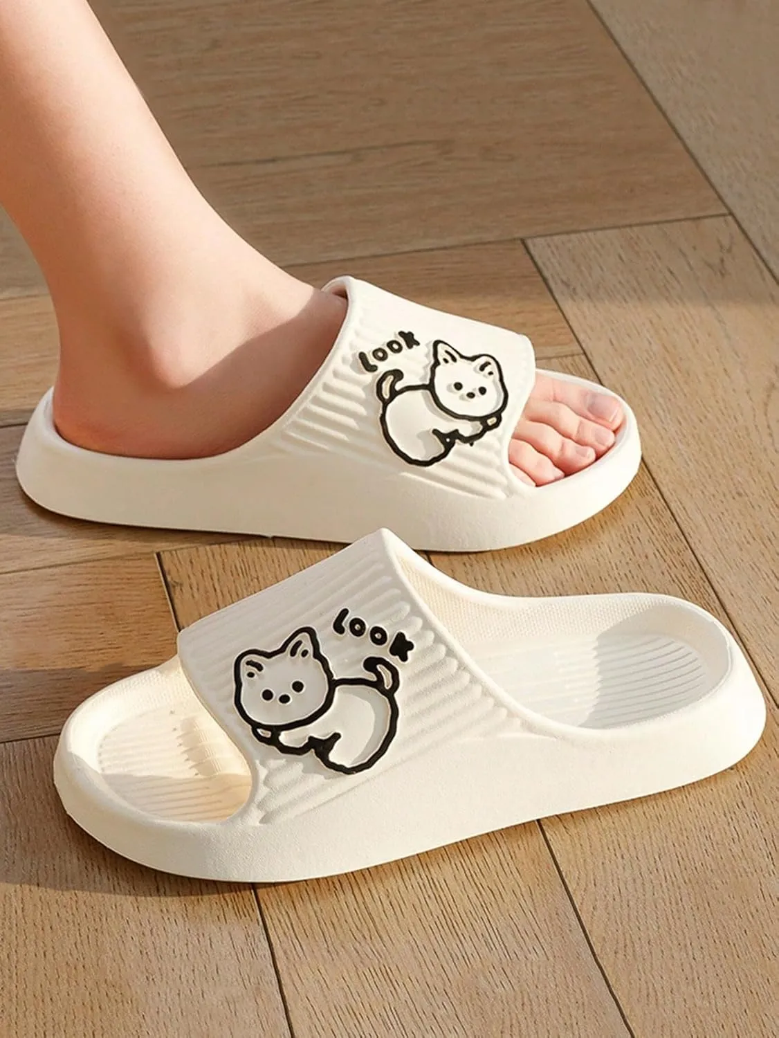 OYOANGLE Women's Open Toe Slippers Non Slip Indoor Bathroom Shower Cartoon Print Slides