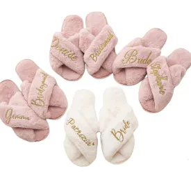 Personalized Bride Fluffy Slippers, (XS-S-N-L-XL)(Women Kid) Custom Bridesmaid Shoes for Wedding Day, Bachelorette Party Bridal Shower Gift for Bride, Hen Fluffy Slide On Girls Night Sleepover