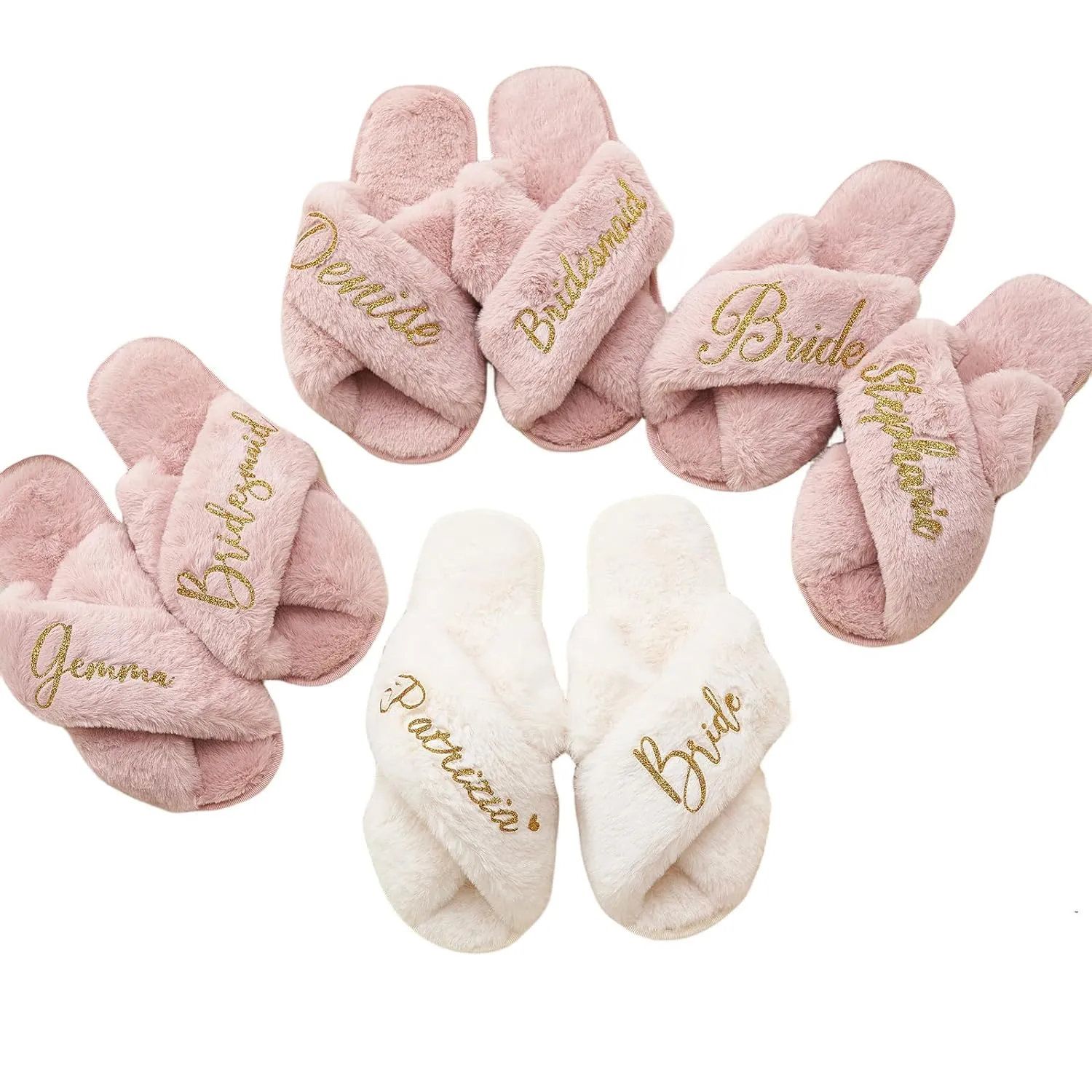 Personalized Bride Fluffy Slippers, (XS-S-N-L-XL)(Women Kid) Custom Bridesmaid Shoes for Wedding Day, Bachelorette Party Bridal Shower Gift for Bride, Hen Fluffy Slide On Girls Night Sleepover