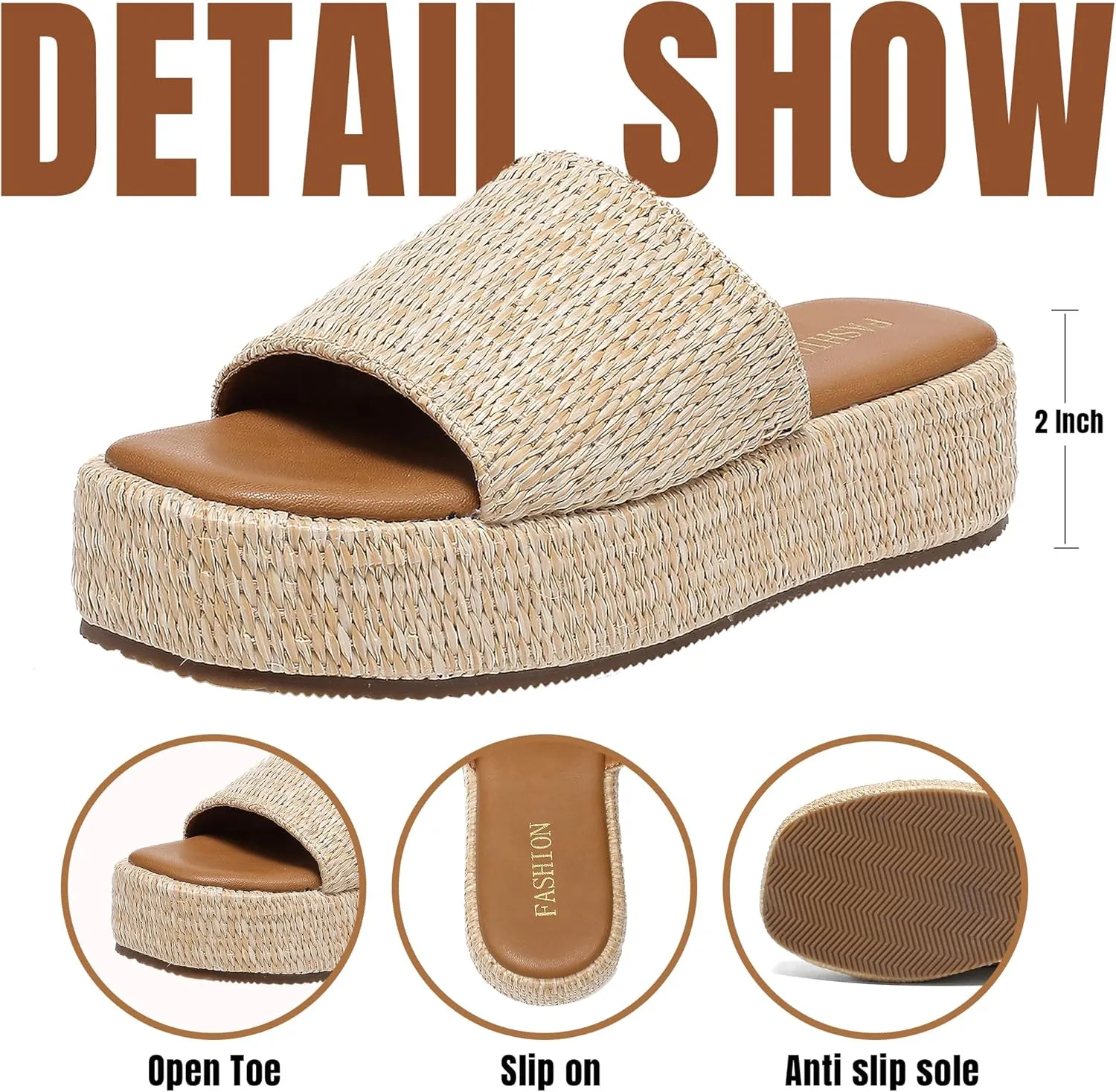 Platform Espadrilles Sandals for Women Wedges Slides Slip on Bohemia Sandals Beach Vacation Shoes Chunky Flatform Open Toe Nude Summer Cork Woven