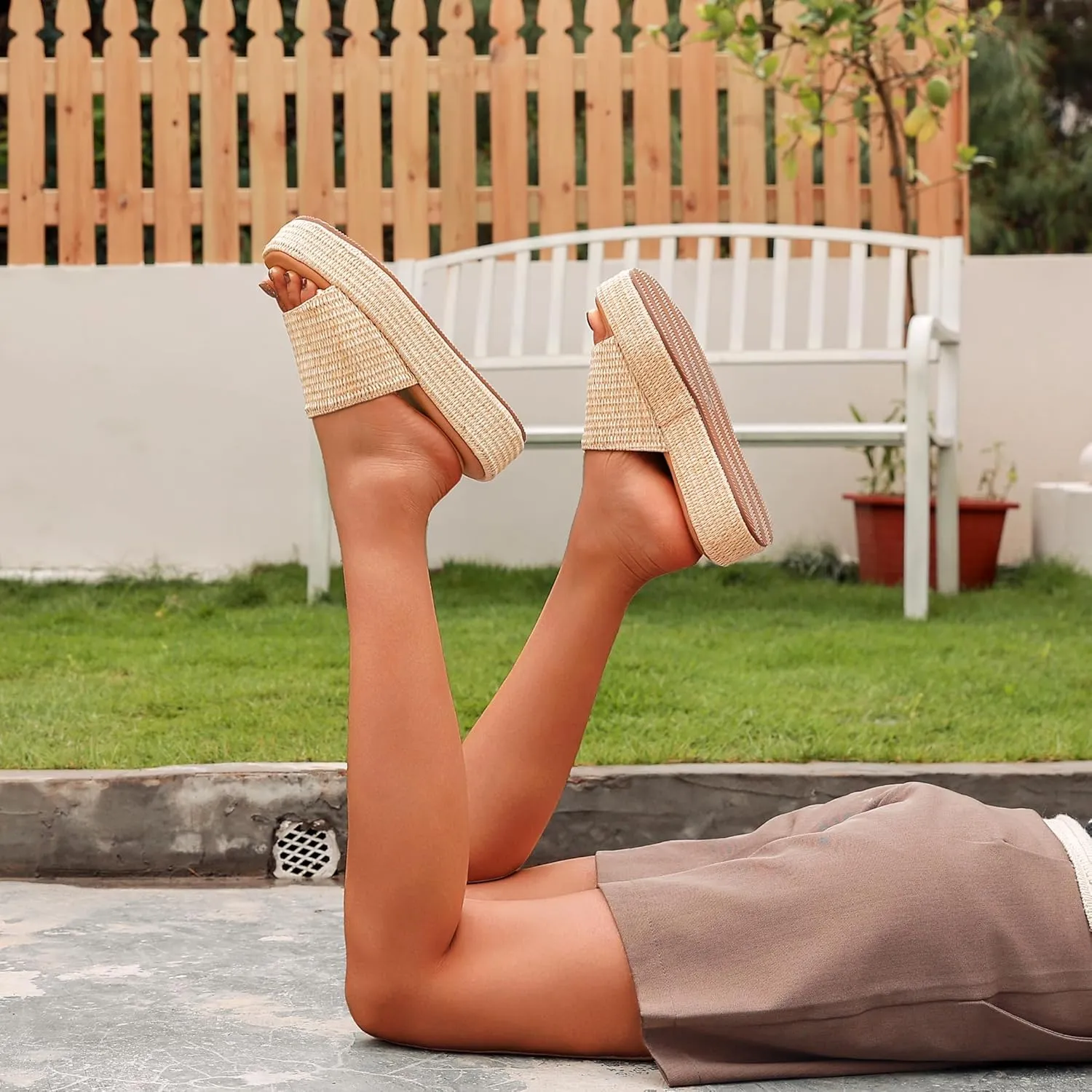 Platform Espadrilles Sandals for Women Wedges Slides Slip on Bohemia Sandals Beach Vacation Shoes Chunky Flatform Open Toe Nude Summer Cork Woven