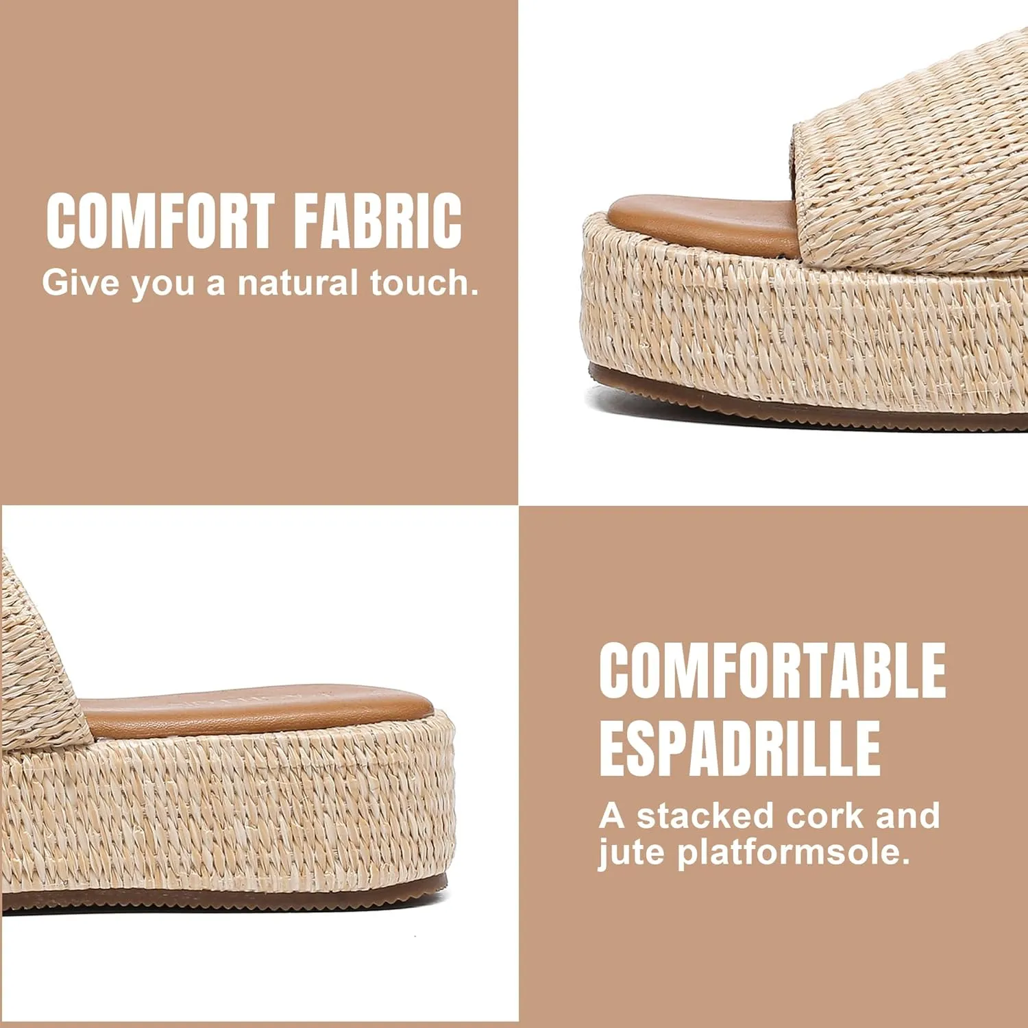 Platform Espadrilles Sandals for Women Wedges Slides Slip on Bohemia Sandals Beach Vacation Shoes Chunky Flatform Open Toe Nude Summer Cork Woven