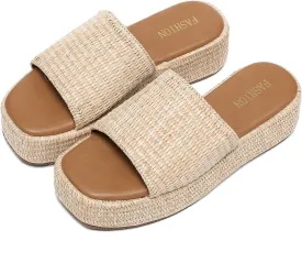 Platform Espadrilles Sandals for Women Wedges Slides Slip on Bohemia Sandals Beach Vacation Shoes Chunky Flatform Open Toe Nude Summer Cork Woven