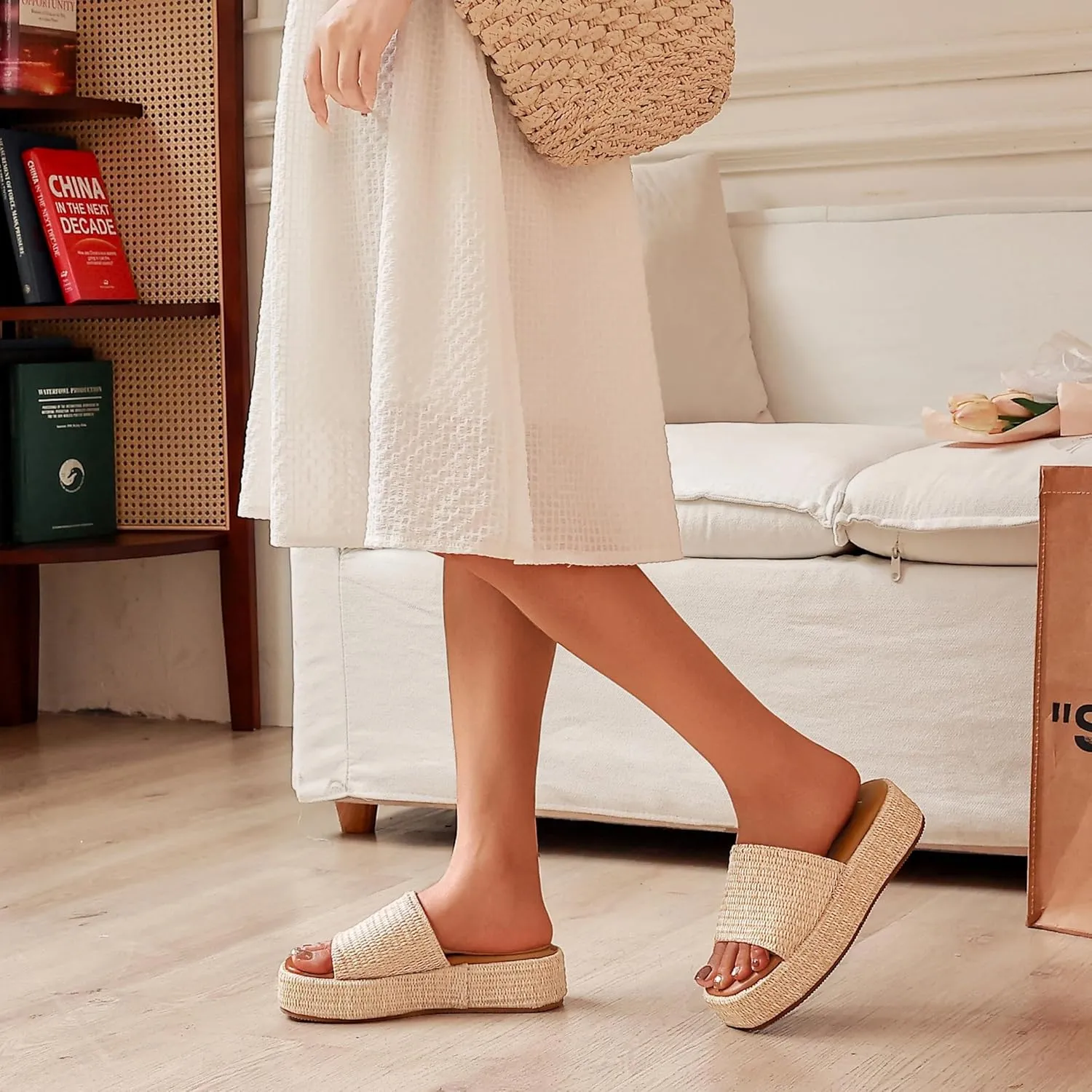 Platform Espadrilles Sandals for Women Wedges Slides Slip on Bohemia Sandals Beach Vacation Shoes Chunky Flatform Open Toe Nude Summer Cork Woven