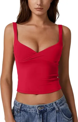 QINSEN Women's V Neck Tank Tops Double Lined Adjustable Strap Camisole Shirt