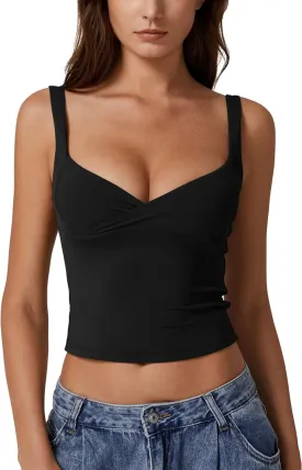 QINSEN Women's V Neck Tank Tops Double Lined Adjustable Strap Camisole Shirt