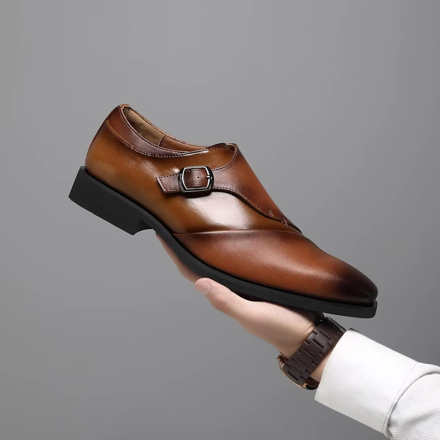 SANNAX Monk Strap Mens Dress Loafer Shoes Plain Toe Classic Oxfords Shoes for Formal Business Wedding
