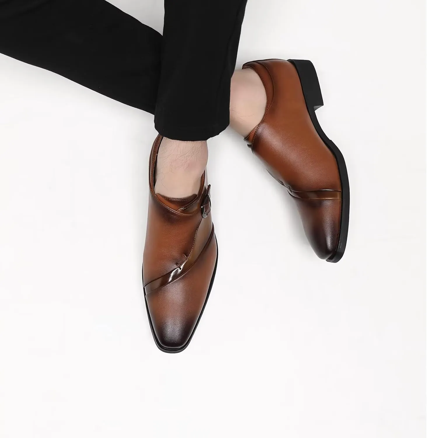 SANNAX Monk Strap Mens Dress Loafer Shoes Plain Toe Classic Oxfords Shoes for Formal Business Wedding