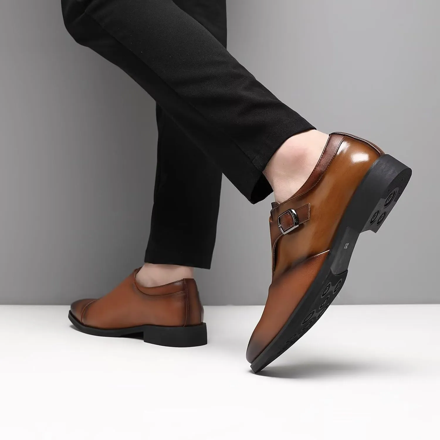 SANNAX Monk Strap Mens Dress Loafer Shoes Plain Toe Classic Oxfords Shoes for Formal Business Wedding