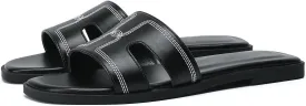 Stratuxx Kaze Womens Flat Sandals Dressy Summer Slide Leather Sandals Comfortable Cute Black Summer Slides for Women