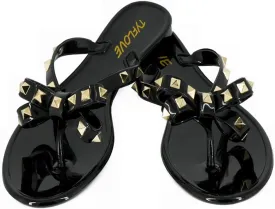 TYFLOVE Women Rivet Flip Flops Studded Jelly Thong Sandals with Bow Summer Bowtie Flat Beach Rain Shoes
