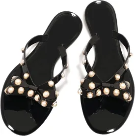 TYFLOVE Women Rivet Flip Flops Studded Jelly Thong Sandals with Bow Summer Bowtie Flat Beach Rain Shoes