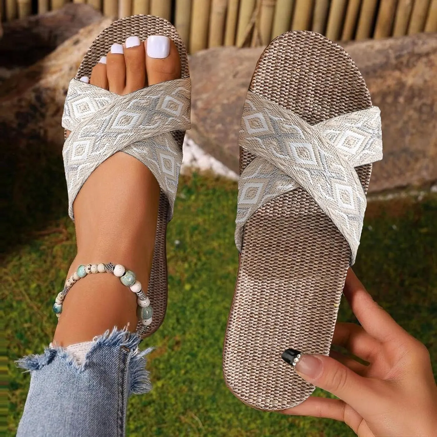 Unisex Linen Slippers Summer Skidproof Indoor Slippers Flax Men Women Boho House Slipper Open-Toe Breathable Beach Shoes