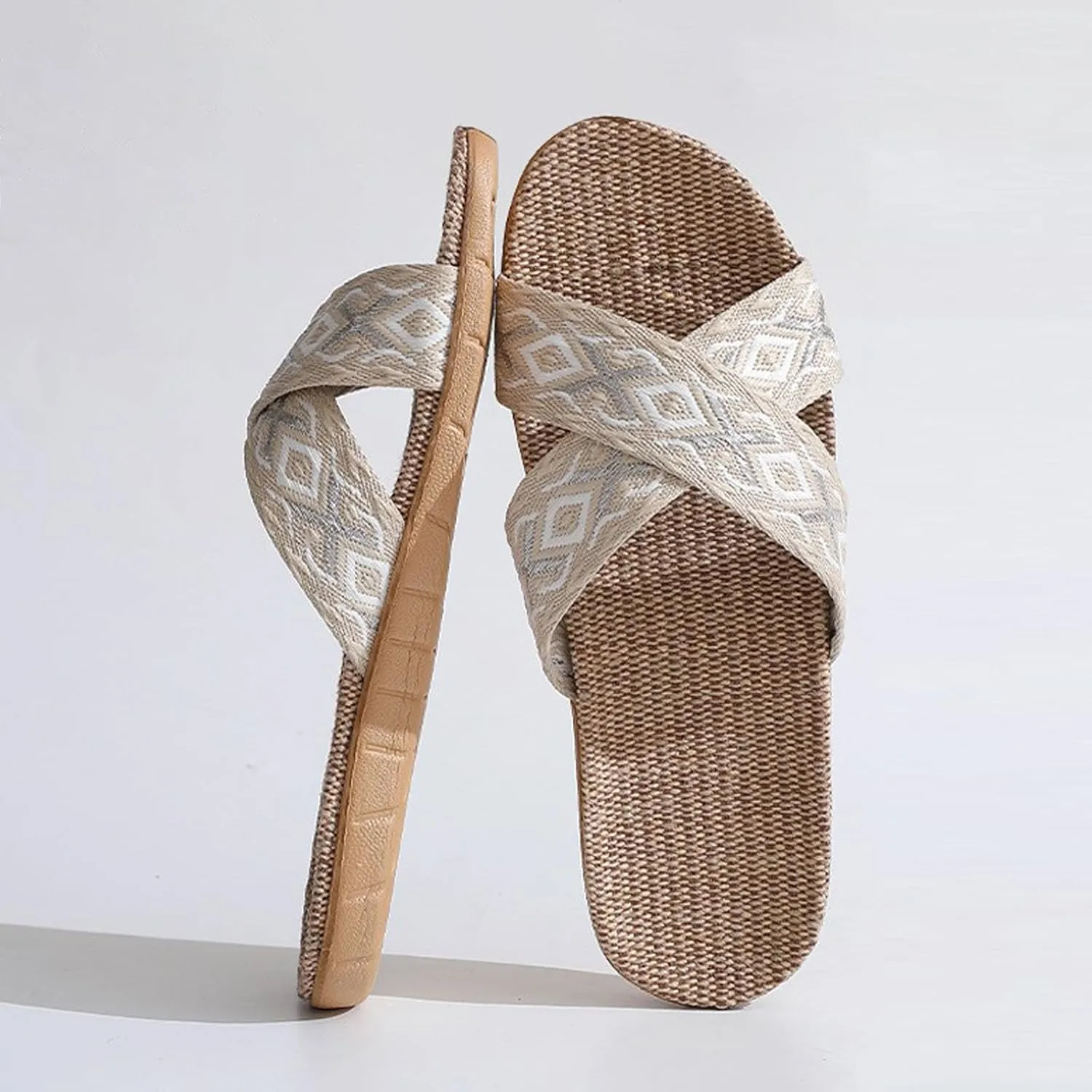 Unisex Linen Slippers Summer Skidproof Indoor Slippers Flax Men Women Boho House Slipper Open-Toe Breathable Beach Shoes