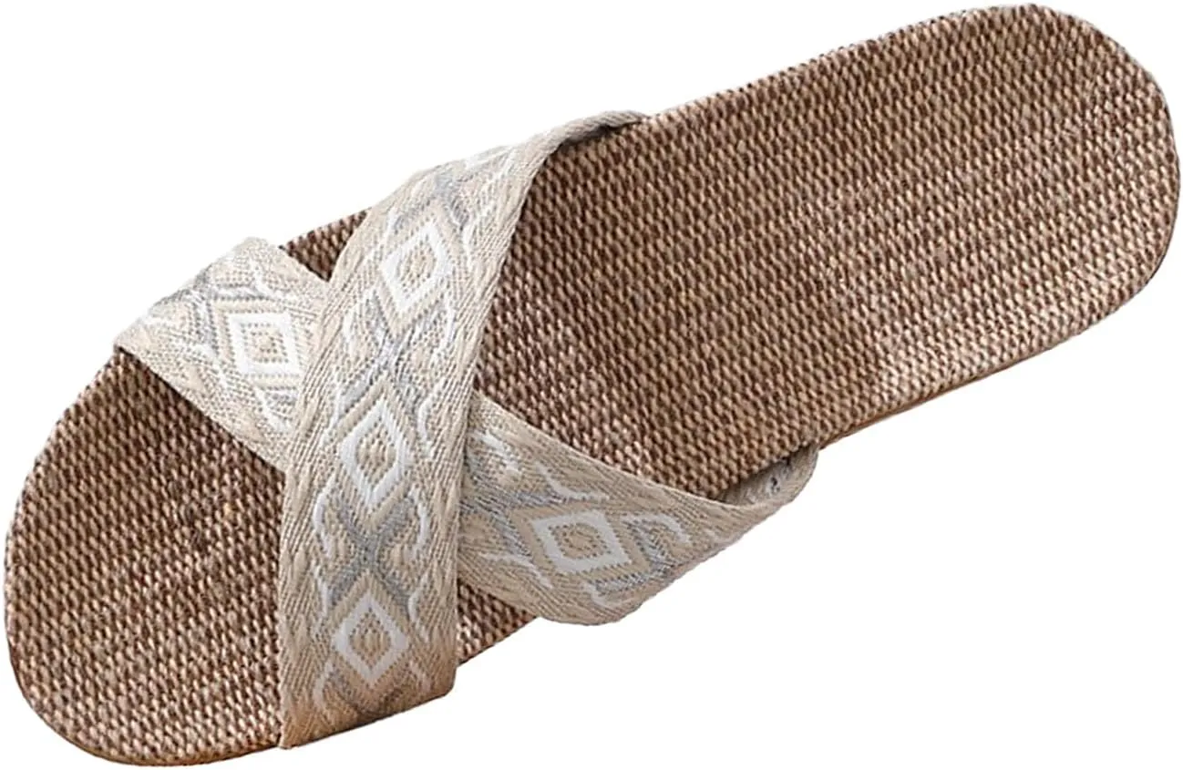 Unisex Linen Slippers Summer Skidproof Indoor Slippers Flax Men Women Boho House Slipper Open-Toe Breathable Beach Shoes