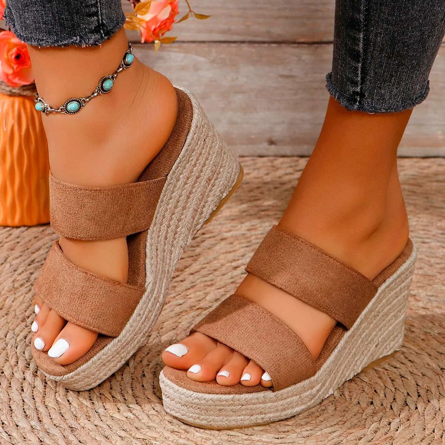Wedge Sandals for Women Open Toe Slip on Platform Slides Comfort Sandal Backless Wedges Heel Beach Slipper Summer Shoe