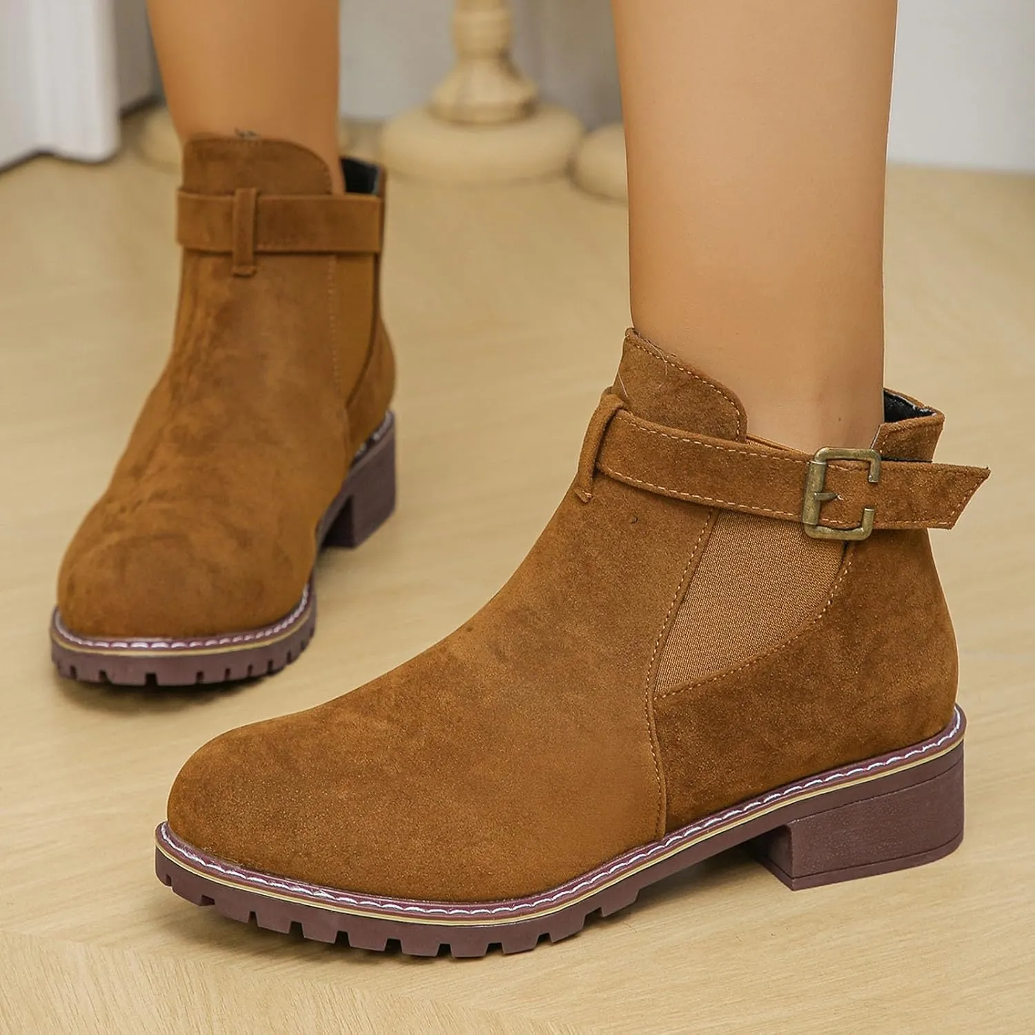 Womens Ankle Boots Round Toe Low Heel Comfort Elastic Booties Casual Dress Fall Short Short Boots with Buckle Strap
