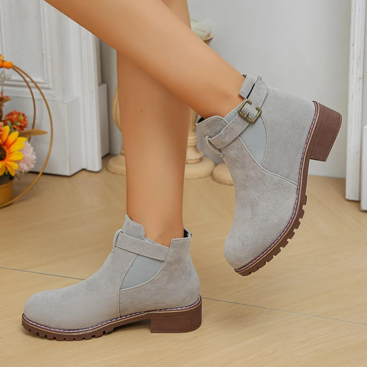Womens Ankle Boots Round Toe Low Heel Comfort Elastic Booties Casual Dress Fall Short Short Boots with Buckle Strap
