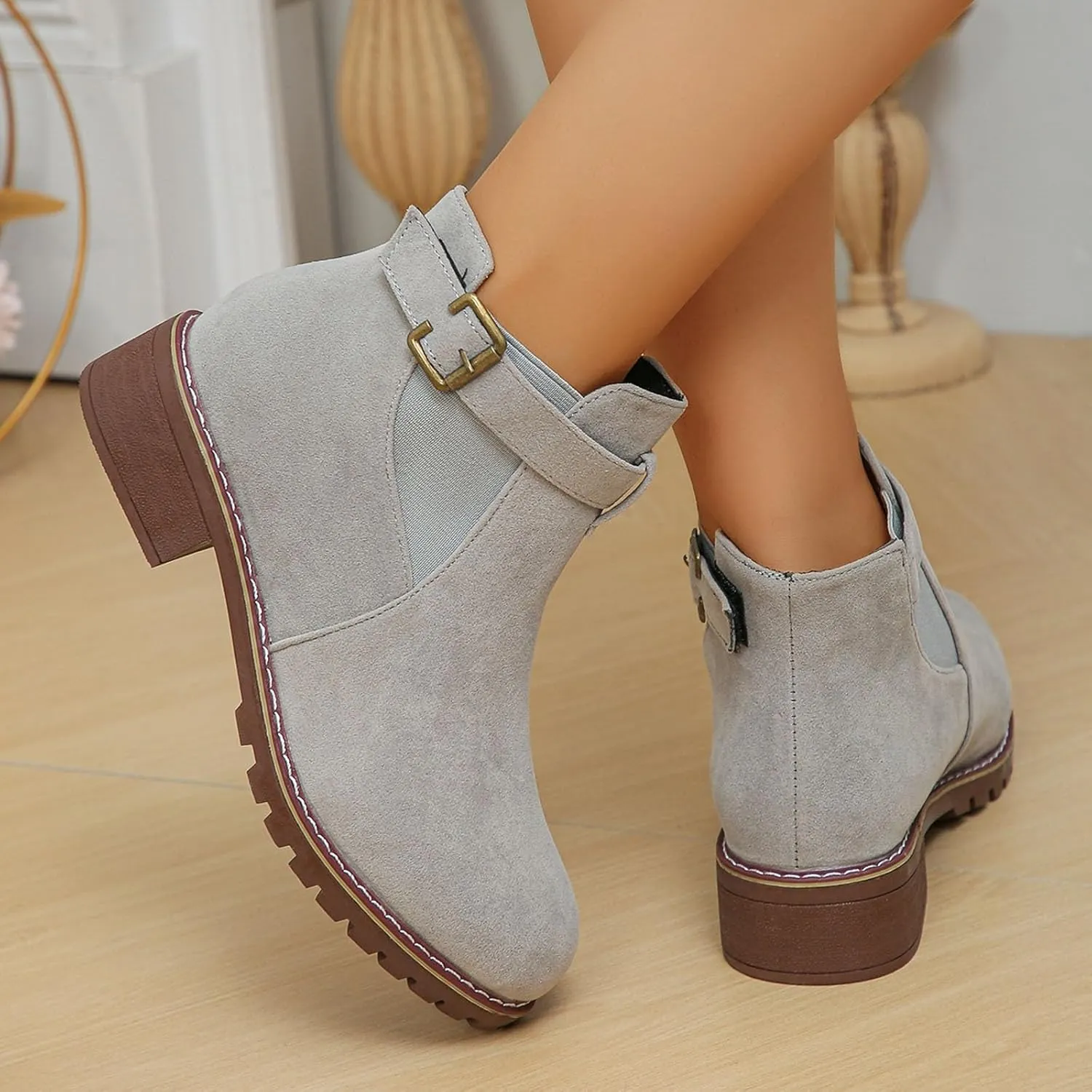 Womens Ankle Boots Round Toe Low Heel Comfort Elastic Booties Casual Dress Fall Short Short Boots with Buckle Strap