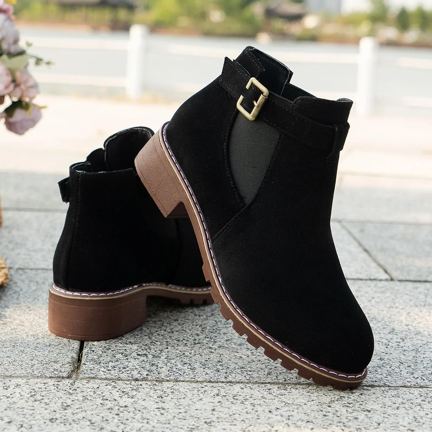 Womens Ankle Boots Round Toe Low Heel Comfort Elastic Booties Casual Dress Fall Short Short Boots with Buckle Strap