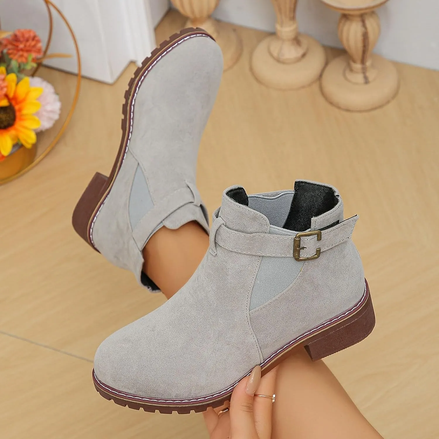 Womens Ankle Boots Round Toe Low Heel Comfort Elastic Booties Casual Dress Fall Short Short Boots with Buckle Strap