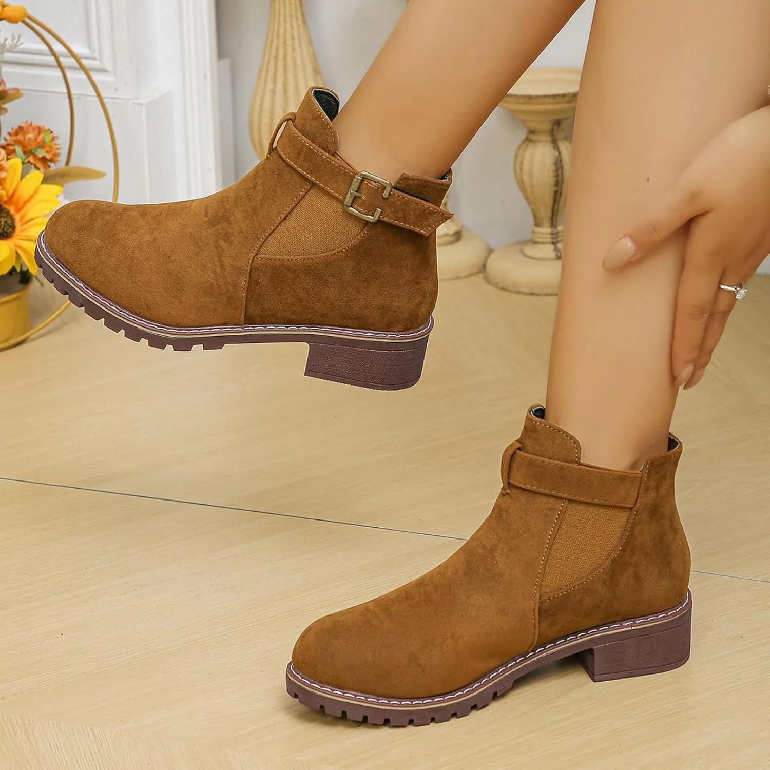 Womens Ankle Boots Round Toe Low Heel Comfort Elastic Booties Casual Dress Fall Short Short Boots with Buckle Strap