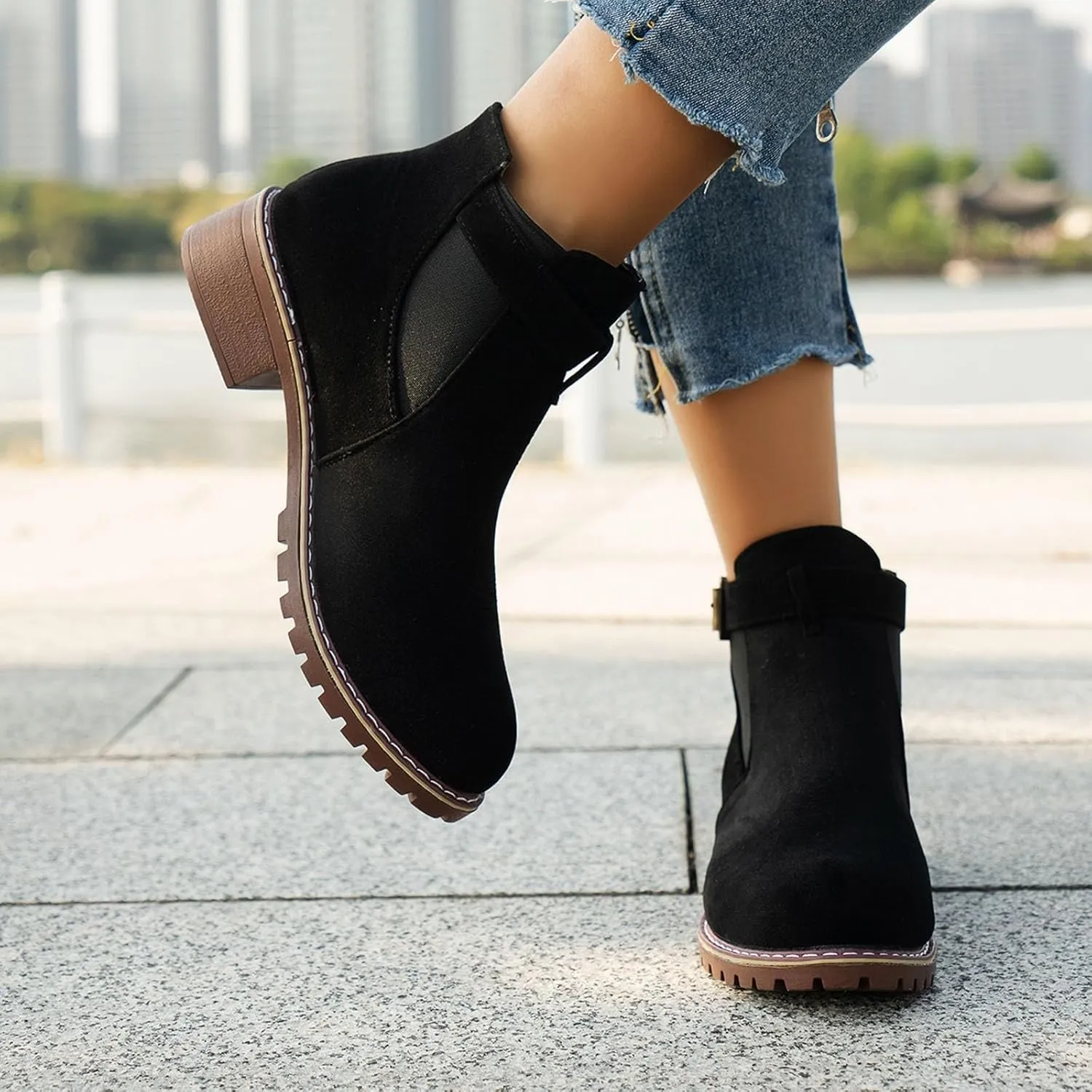 Womens Ankle Boots Round Toe Low Heel Comfort Elastic Booties Casual Dress Fall Short Short Boots with Buckle Strap