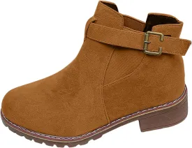 Womens Ankle Boots Round Toe Low Heel Comfort Elastic Booties Casual Dress Fall Short Short Boots with Buckle Strap