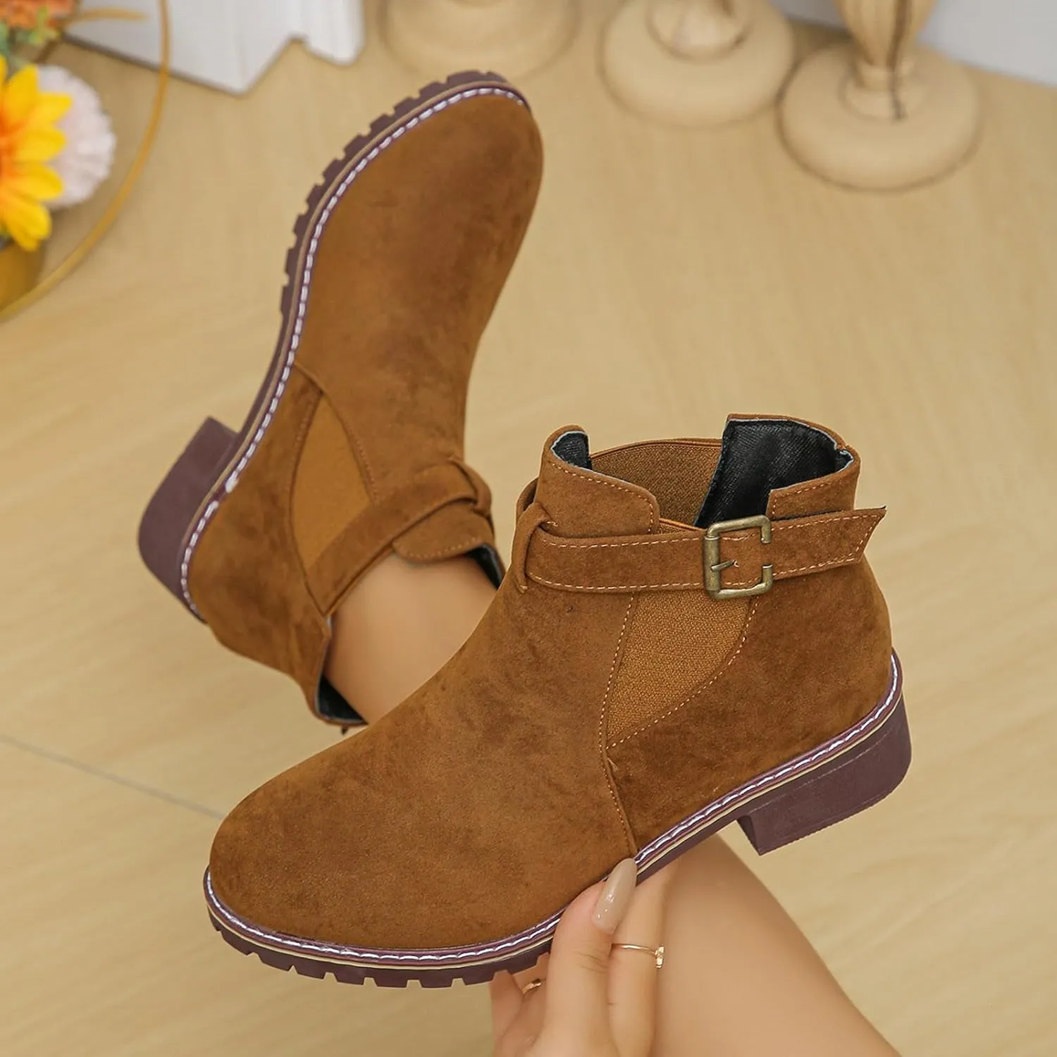 Womens Ankle Boots Round Toe Low Heel Comfort Elastic Booties Casual Dress Fall Short Short Boots with Buckle Strap