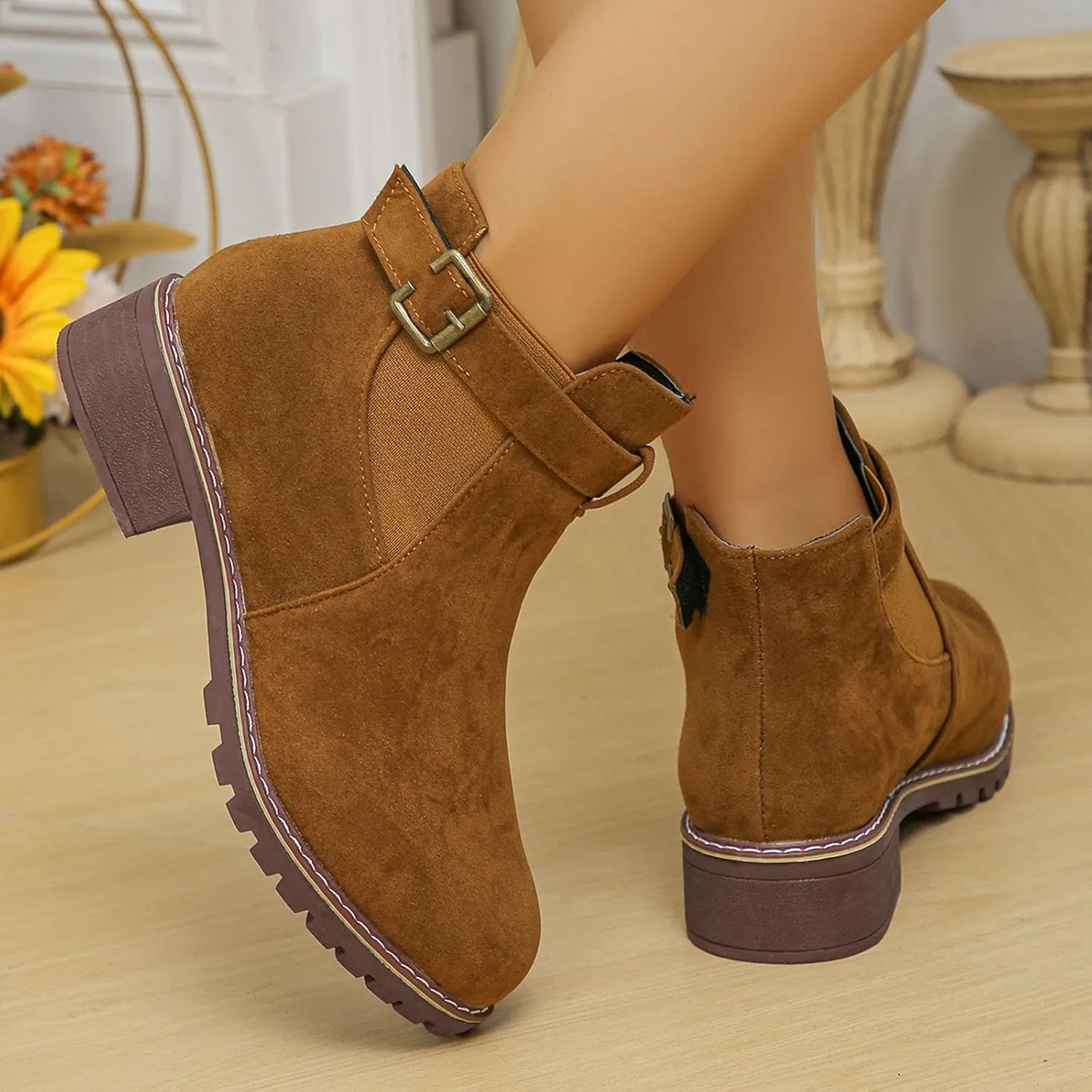Womens Ankle Boots Round Toe Low Heel Comfort Elastic Booties Casual Dress Fall Short Short Boots with Buckle Strap