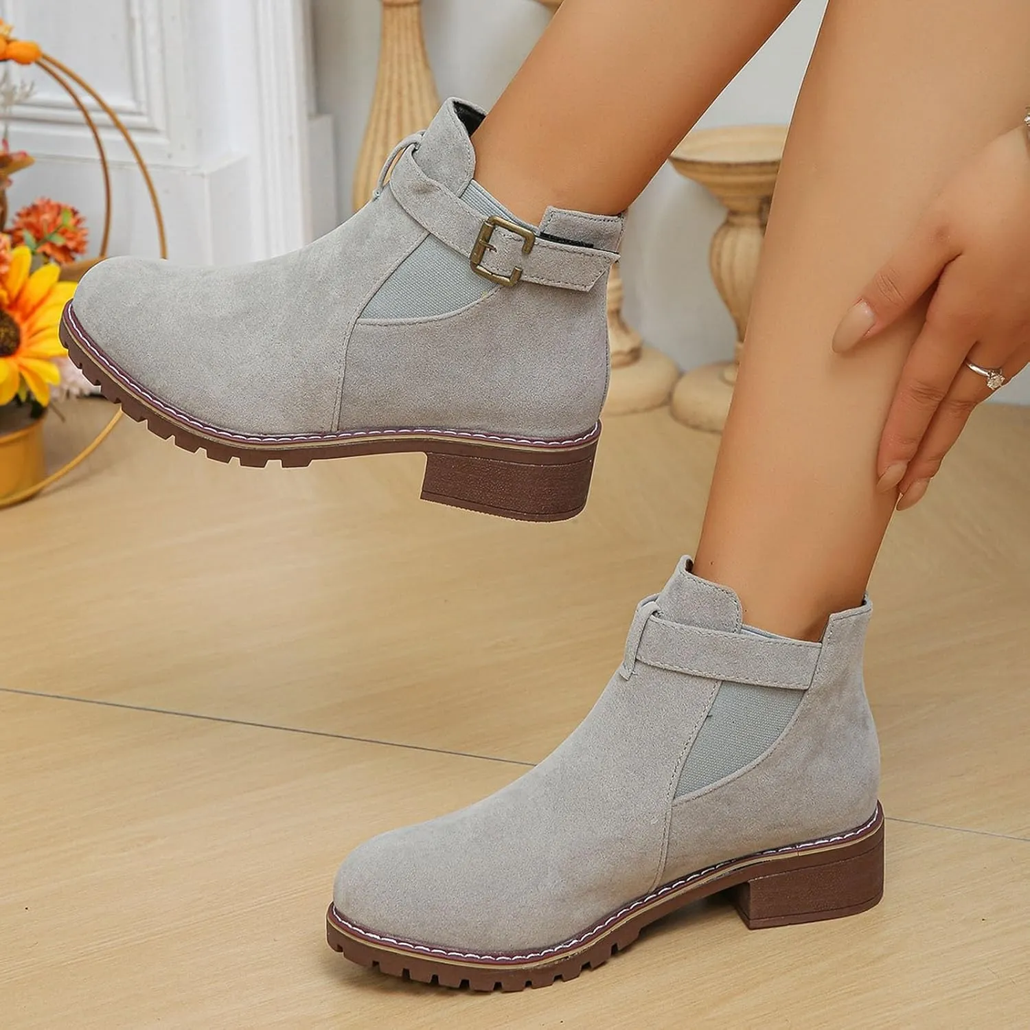 Womens Ankle Boots Round Toe Low Heel Comfort Elastic Booties Casual Dress Fall Short Short Boots with Buckle Strap